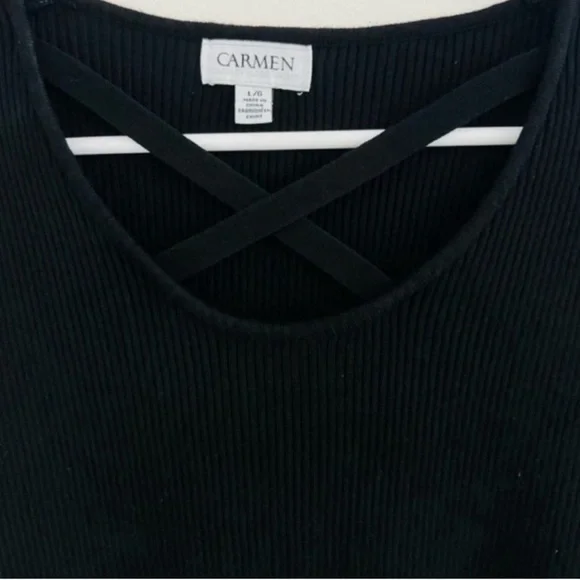 Carmen Marc Valvo Black Stretchy Knit Ribbed Long Sleeve Top Large - Picture 4 of 6
